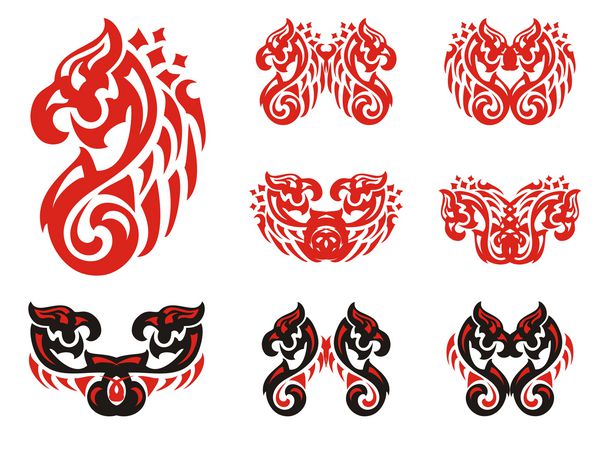 نمادهای عقاب چرخانده سبک شده شعله ور نمادهای عقاب دوبل در گزینه های قرمز و سیاه به سبک قبیله ای