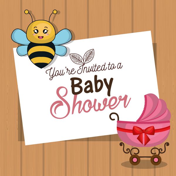 دعوت کارت دوش کودک با زنبور عسل و کالسکه تصویر برداری desp eps 10