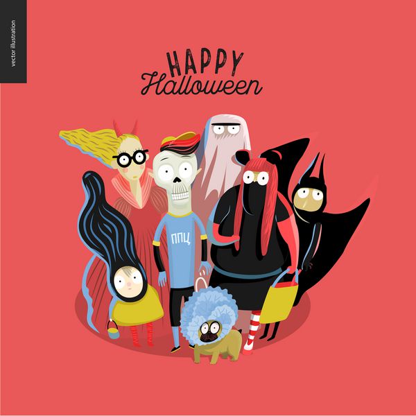 ترفند یا درمان گروهی از کودکان کارت تبریک با حروف هالووین کارتون وکتور گروهی از بچه ها که لباس هالووین و یک بولداگ فرانسوی را پوشیده اند ترسیده از چیزی است