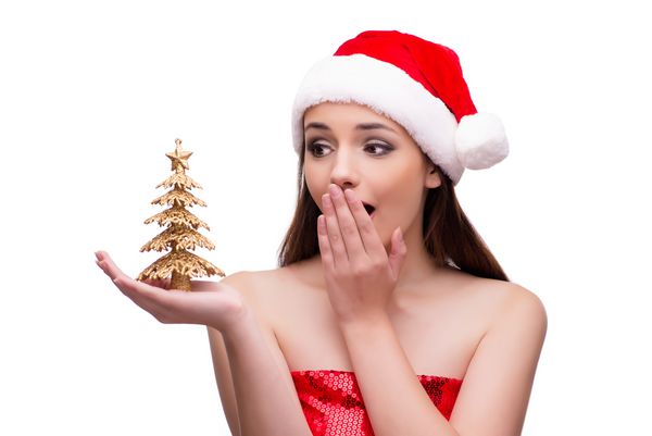 دختر جوان سانتا در مفهوم کریسمس که بر روی سفید جدا شده است