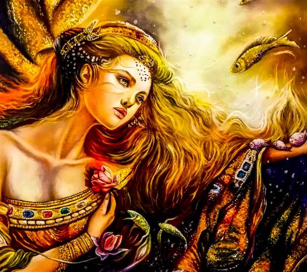 الهه زیبایی نقاشی زنی زیبا با رنگ های طلایی