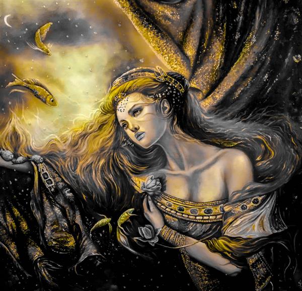 نقاشی سیاه و طلایی از فرشته زیبا