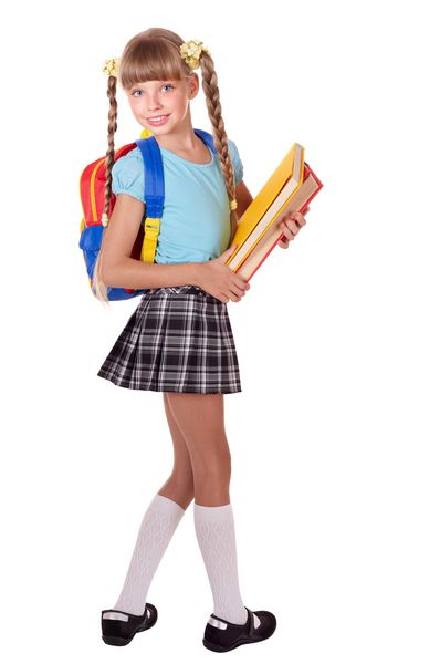 دانش آموز مدرسه با کوله پشتی نگه داشتن کتاب