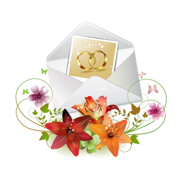پاکت نامه با عکس دو حلقه عروسی و گل های تزئین شده