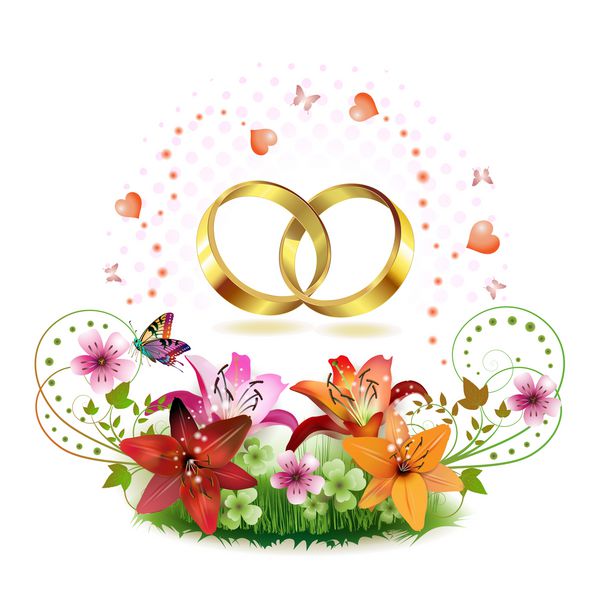 دو حلقه عروسی با قلب و گلهای تزئین شده
