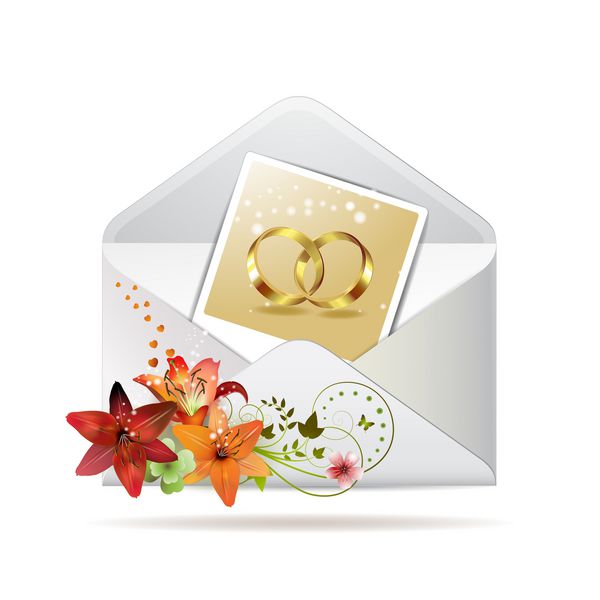 پاکت نامه با عکس دو حلقه عروسی جدا شده روی رنگ سفید