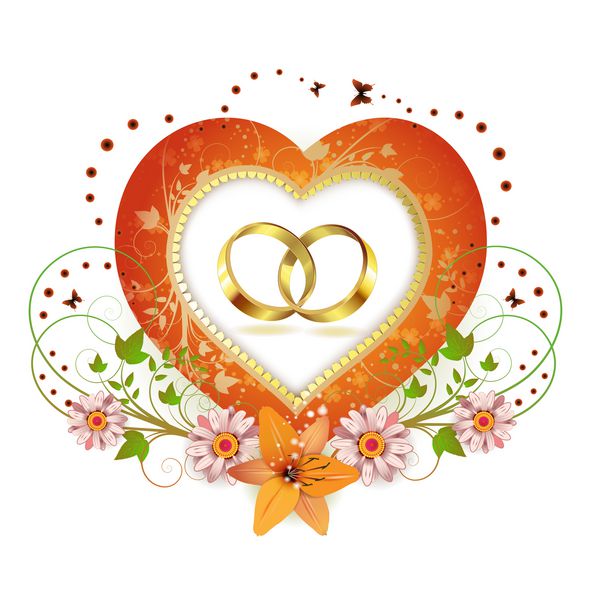 قاب با قلب و دو حلقه عروسی گل های تزئین شده