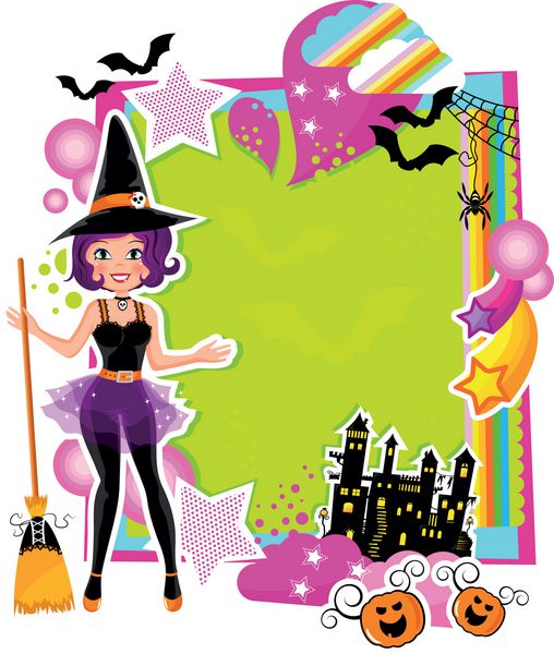 کارت رنگارنگ با جادوگر و سایر نمادهای هالووین