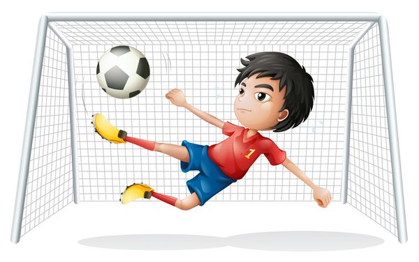 پسری که فوتبال بازی می کند با لباس قرمز پوشیده است