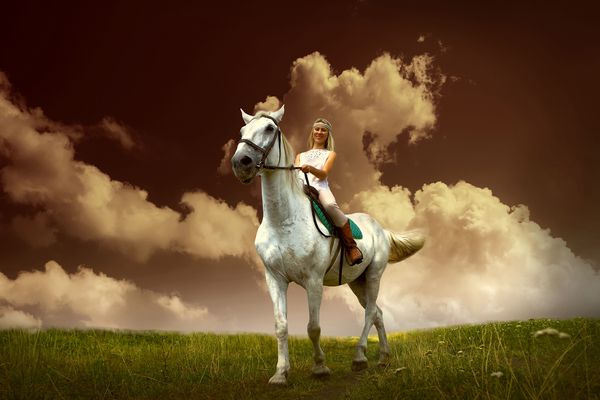 اسب سوار جوان سوار بر اسب سفید نمای بیرون از خانه