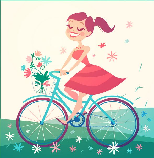 دختر در میدان بهاری در حال دوچرخه سواری است تصویر برداری