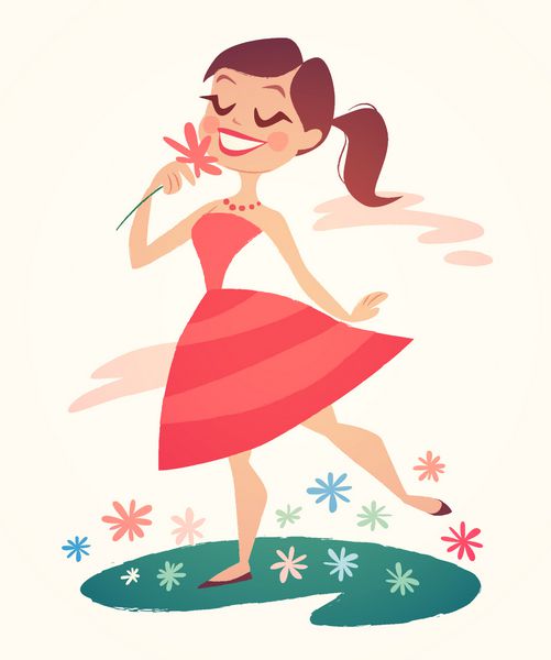 دختر در حال پیاده روی و بوی گل است تصویر برداری