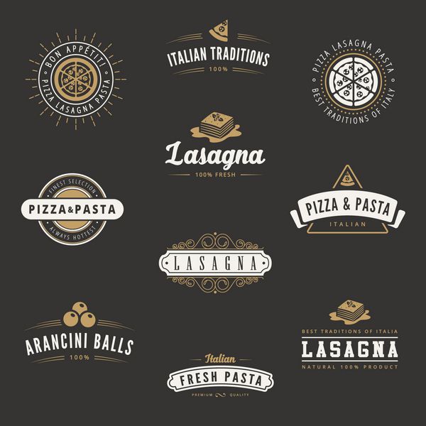 غذاهای ایتالیایی برچسب های یکپارچهسازی با سیستمعامل طراحی لوگو Hipster