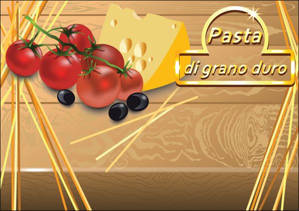 اسپاگتی گوجه فرنگی گیلاس زیتون و پنیر را روی تخته چوبی قرار دهید