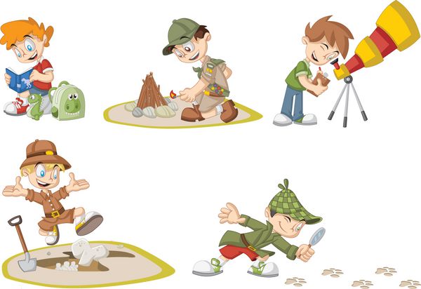 گروهی از پسران اکتشاف کارتونی که لباس های مختلف دارند