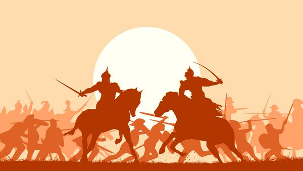 تصویر نبرد قرون وسطایی با جنگ دو جنگجو سوار شده