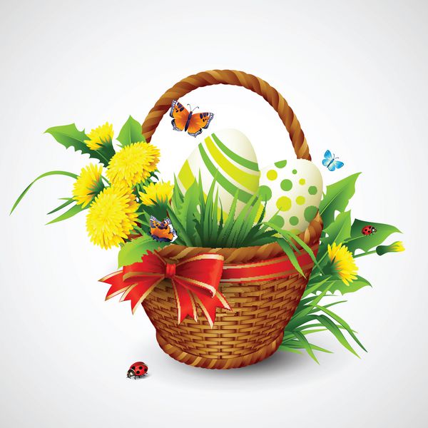 کارت عید پاک با سبد تخم مرغ و گل تصویر برداری
