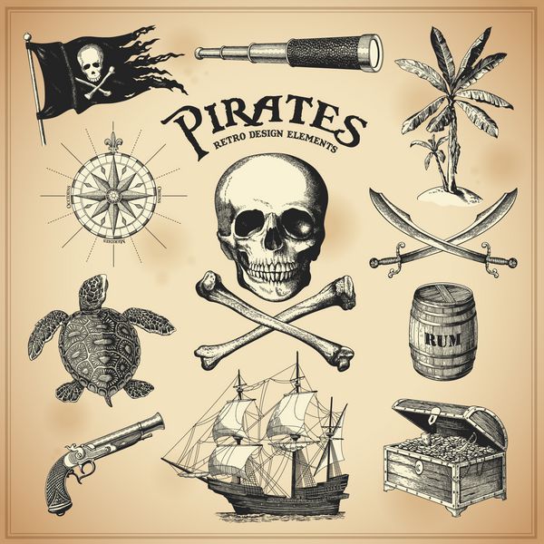 مجموعه ای از عناصر طراحی دزدان دریایی دستی