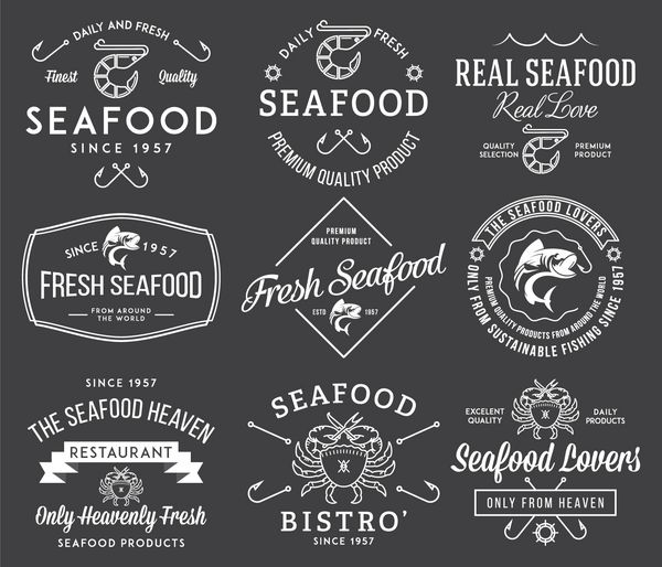 برچسب ها و نشان های غذاهای دریایی جلد 2 سفید روی سیاه