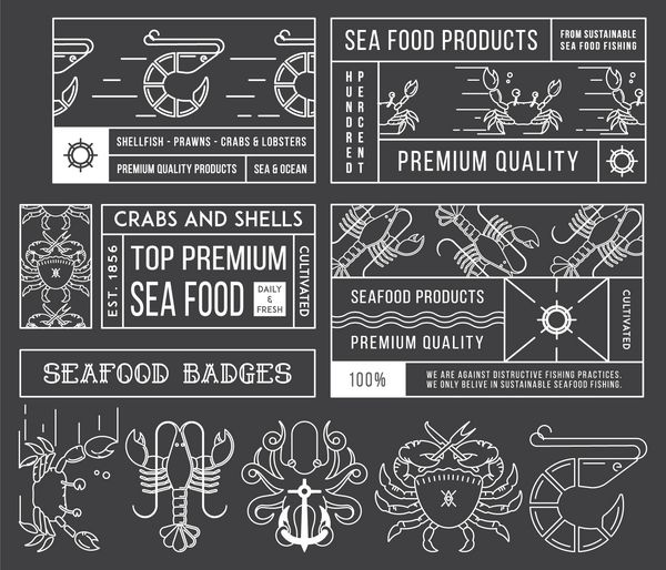 برچسب ها و نشان های غذاهای دریایی جلد 4 سفید روی سیاه