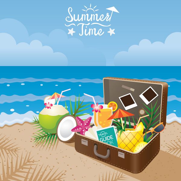 چمدانی با اشیاء تابستانی در ساحل