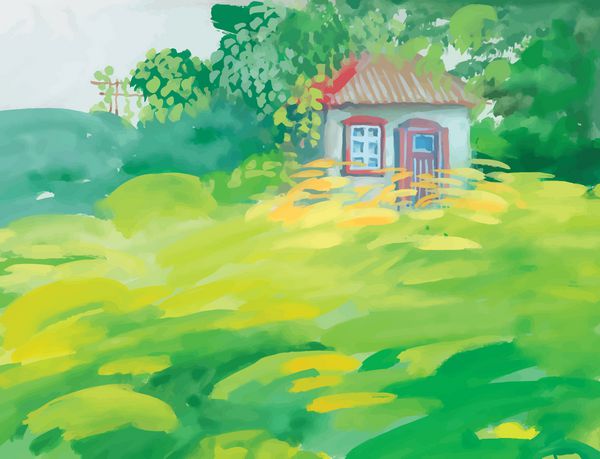 خانه روستایی آبرنگ در چشم انداز سبز