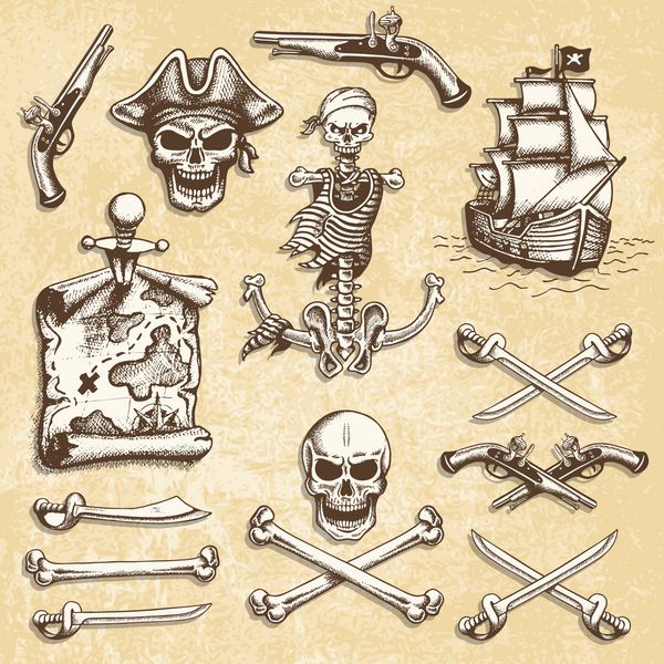 مجموعه ای از عناصر طراحی شده توسط دزدان دریایی با طراحی دستی