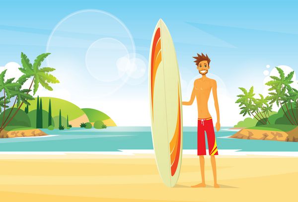 Surfer Man with Holiday Surfing Board Palm Tree تعطیلات تابستانی