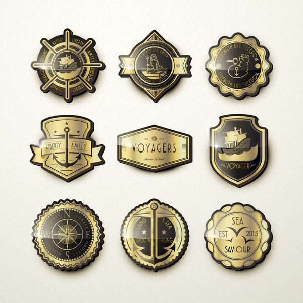 مجموعه ای از نمادهای دریایی طلایی زرق و برق دار