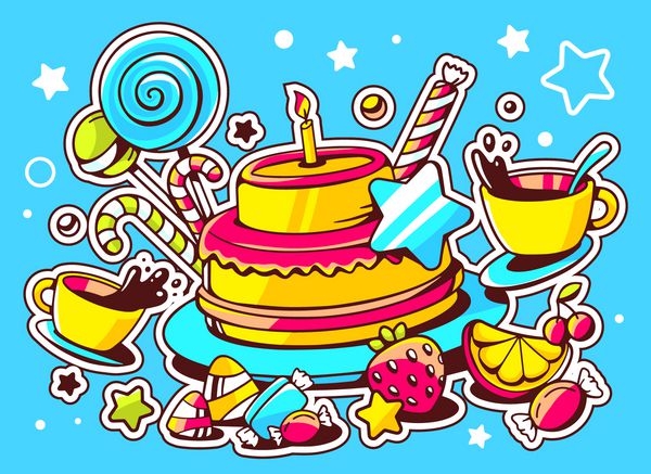 تصویر برداری کیک با شمع شیرینی و فنجان چای o