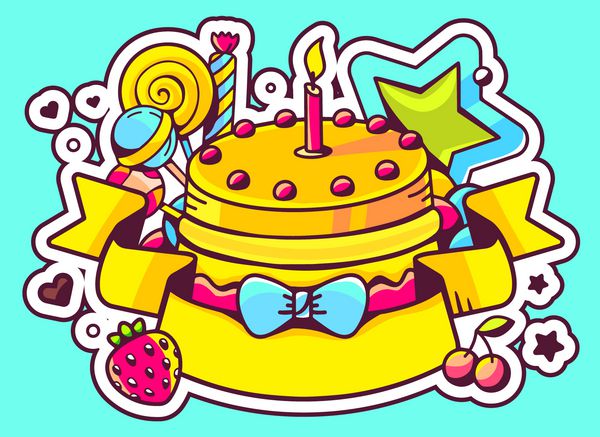 تصویر برداری کیک با شمع شیرینی و روبان در bl