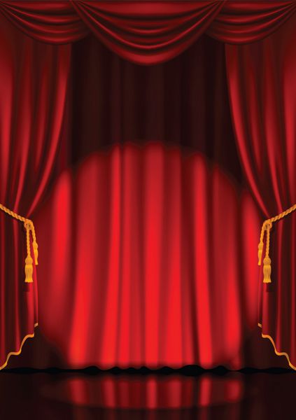 صحنه تئاتر با پرده های قرمز و نورافکن
