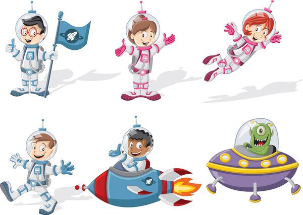 شخصیت های فضانورد در لباس فضایی بیرونی با سفینه فضایی بیگانه