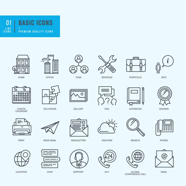 آیکون های خط باریک تنظیم شده است نمادهای جهانی برای طراحی وب سایت و برنامه ها