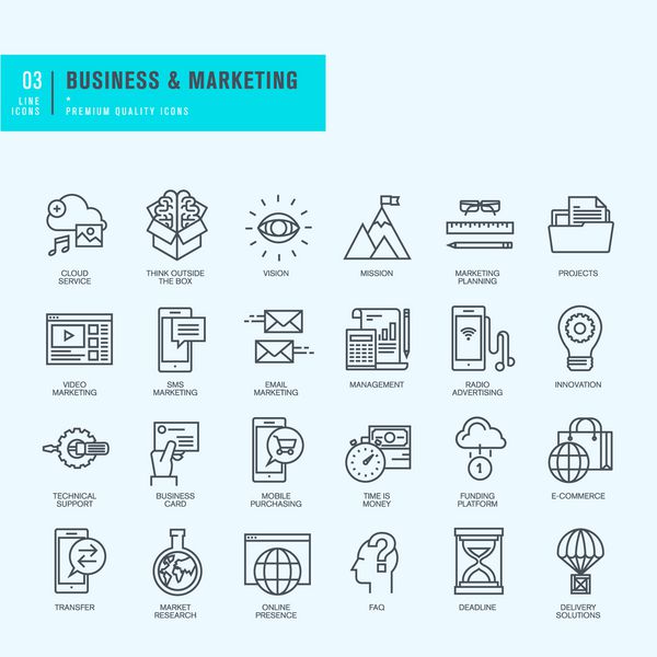 آیکون های خط باریک تنظیم شده است نمادهای تجارت بازاریابی تجارت الکترونیکی