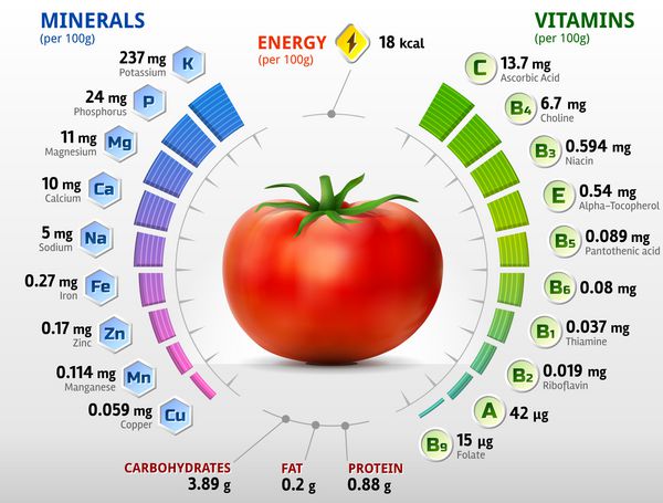 ویتامین ها و مواد معدنی گوجه فرنگی حقایق تغذیه گوجه فرنگی
