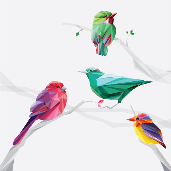 مجموعه ای از مجموعه پرندگان رنگی به سبک چند ضلعی کم رنگ در شاخه های درخت