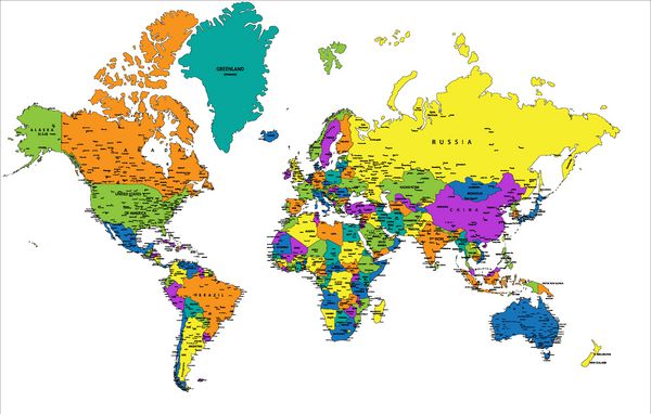 نقشه سیاسی رنگارنگ جهان با لایه های واضح و برچسب جدا تصویر برداری