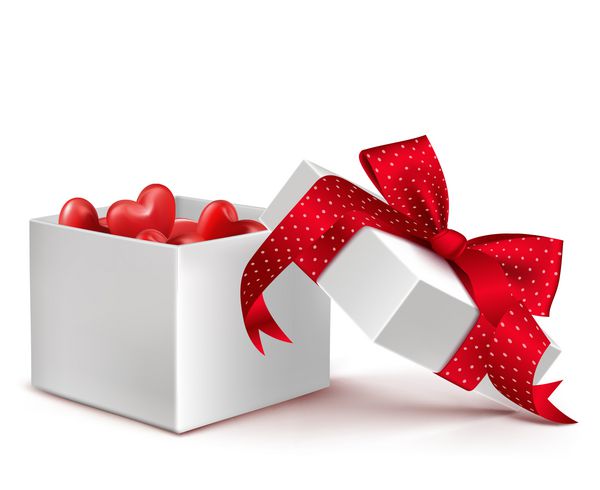جعبه هدیه سه‌بعدی واقع بینانه واقع بینانه با قلبهای بادکنکی داخل بند با روبان قرمز