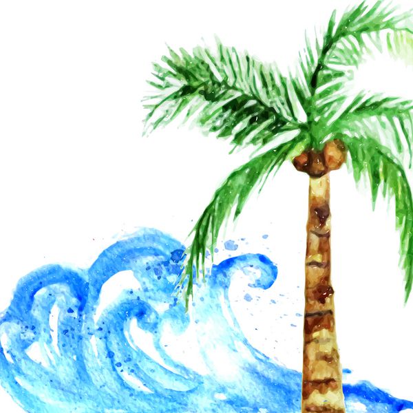 پوستر تابستانی آبرنگ وکتور با موج و درخت نخل