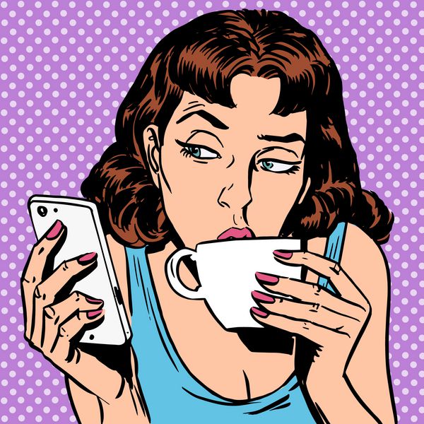 دختر سه شنبه در حال نوشیدن چای یا قهوه در تلفن های هوشمند است