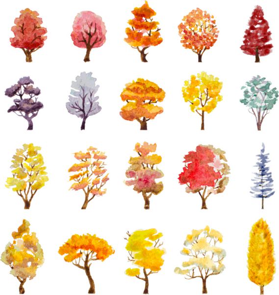 مجموعه درختان پاییزی کشیده شده تصویر برداری آبرنگ