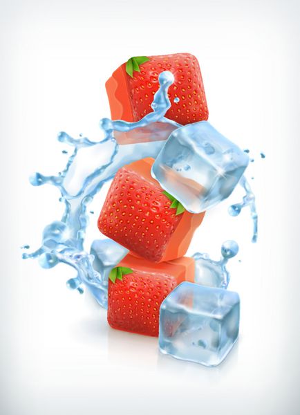 مکعب های یخ توت فرنگی و یک چلپ چلوپ آب تصویر برداری