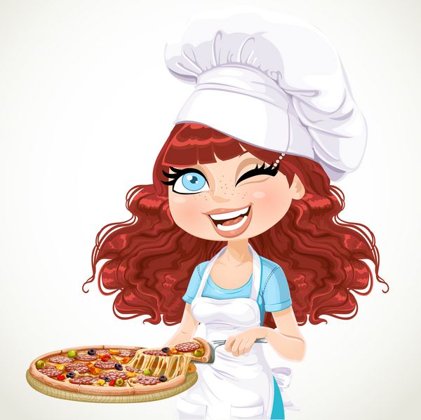 سرآشپز دختر موهای مجعد ناز طعم پیتزا جدا شده در زمینه سفید را ارائه می دهد