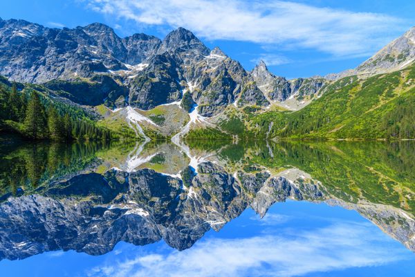 انعکاس قله های کوهستانی در آب های زیبا و زیبا سبز دریاچه Morskie Oko کوه های تاترا لهستان