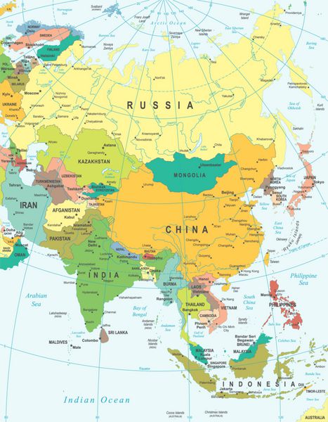 نقشه آسیا تصویر برداری کاملاً دقیق
