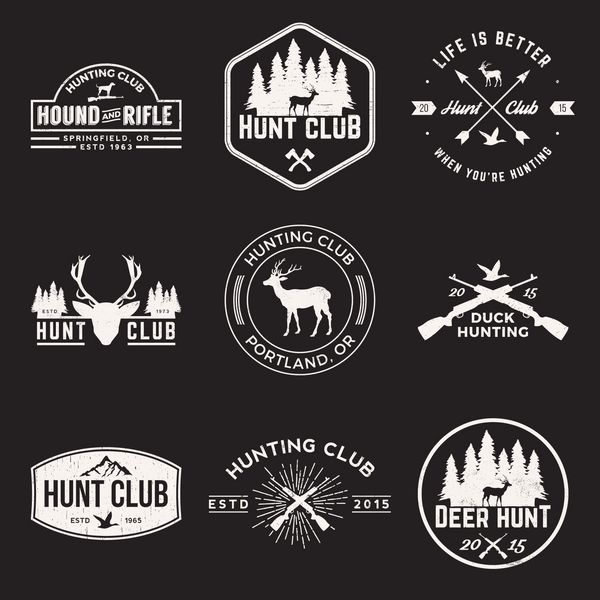 مجموعه بردار از برچسب های باشگاه شکار نشان ها و عناصر طراحی