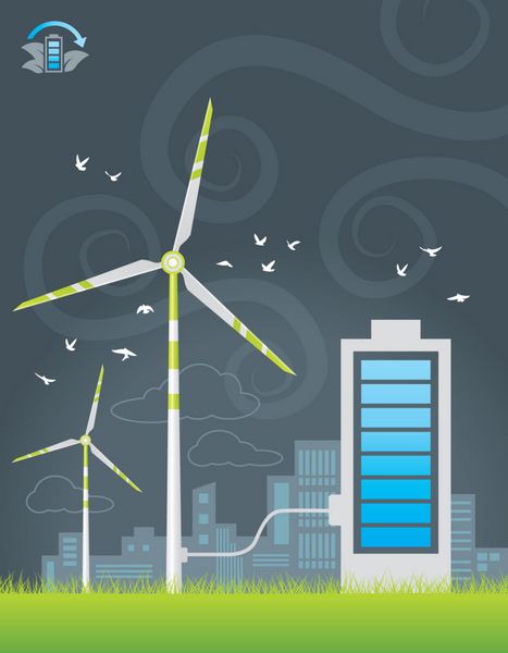 تصویر شارژ انرژی بادی سازگار با محیط زیست شهر با باتری بزرگ
