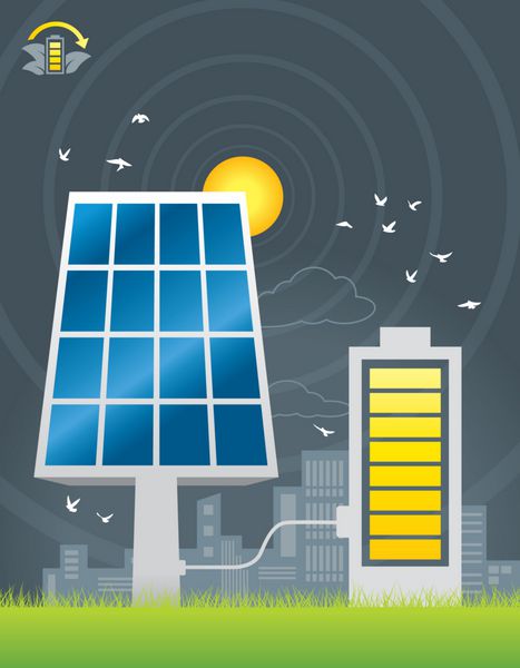 تصویر پانل های خورشیدی شارژ انرژی در شهر با باتری بزرگ
