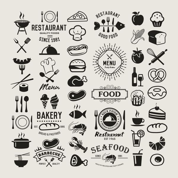 عناصر طراحی پرنعمت مواد غذایی آرم ها نشان ها برچسب ها نمادها و اشیاء